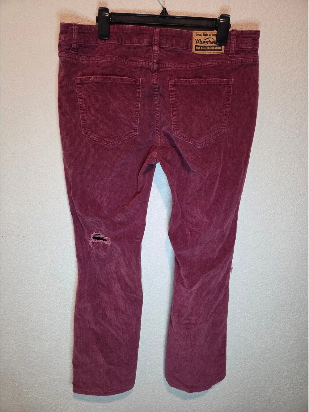 bestwind Burgundy Corduroy Jeans with Distressed Knees, Size 2XL